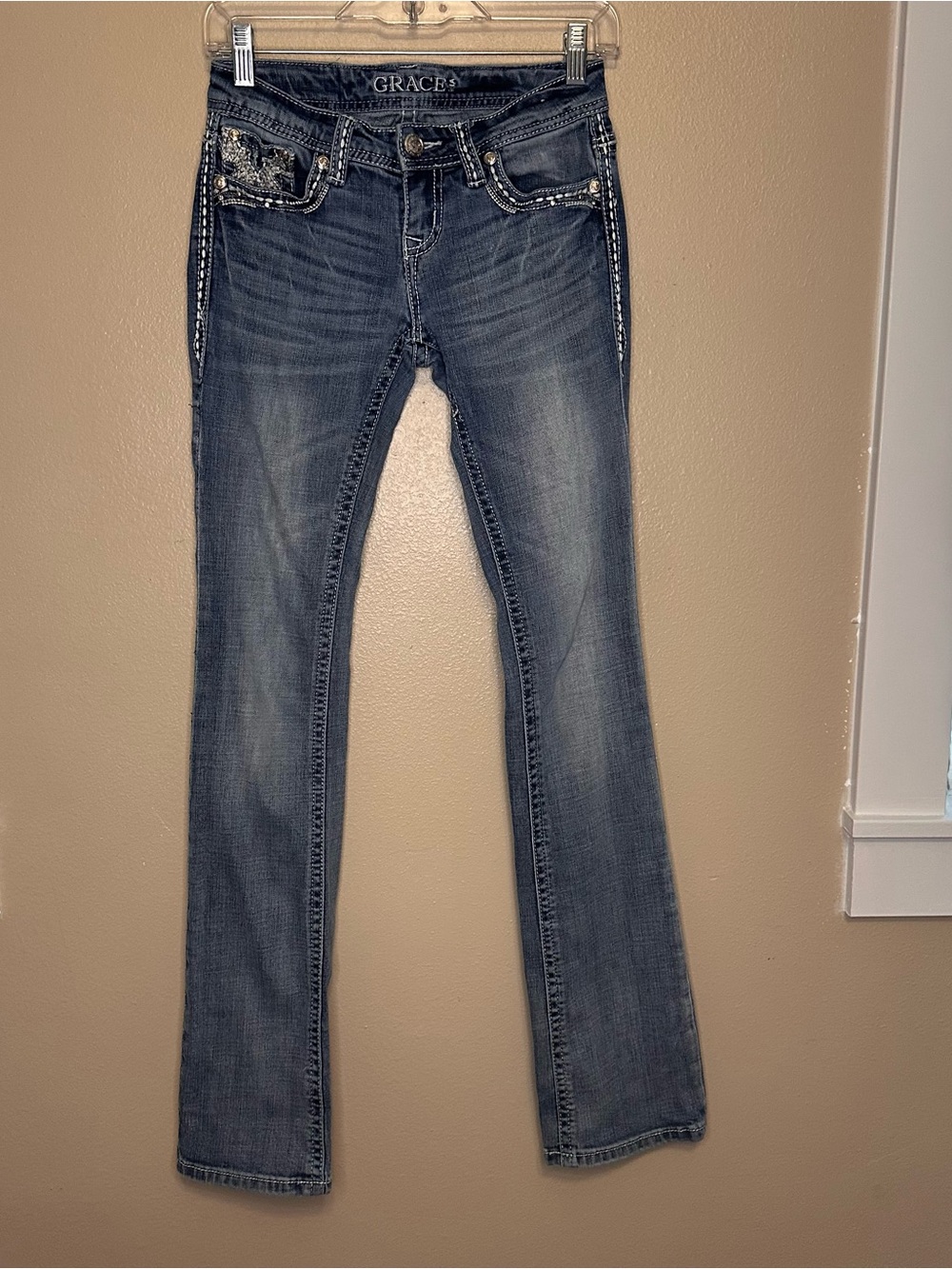 Grace Women's Bootcut Jeans in Faded Blue with Embellished Pockets